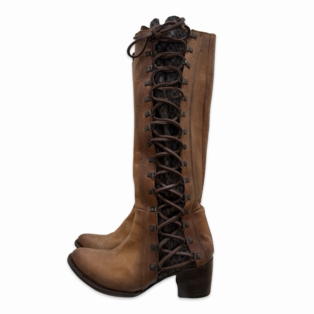 Freebird Wyatt Leather Lace Up Knee Tall Boot Women US 10 Cognac Brown Steampunk - Picture 1 of 16
